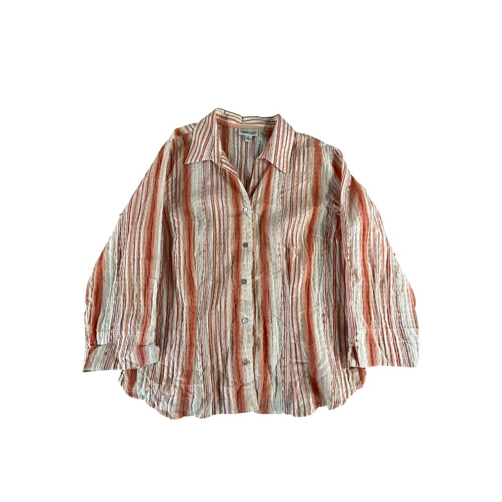 Coldwater Creek Shirt Womens XL Stripe Button Up Textured Blouse Red